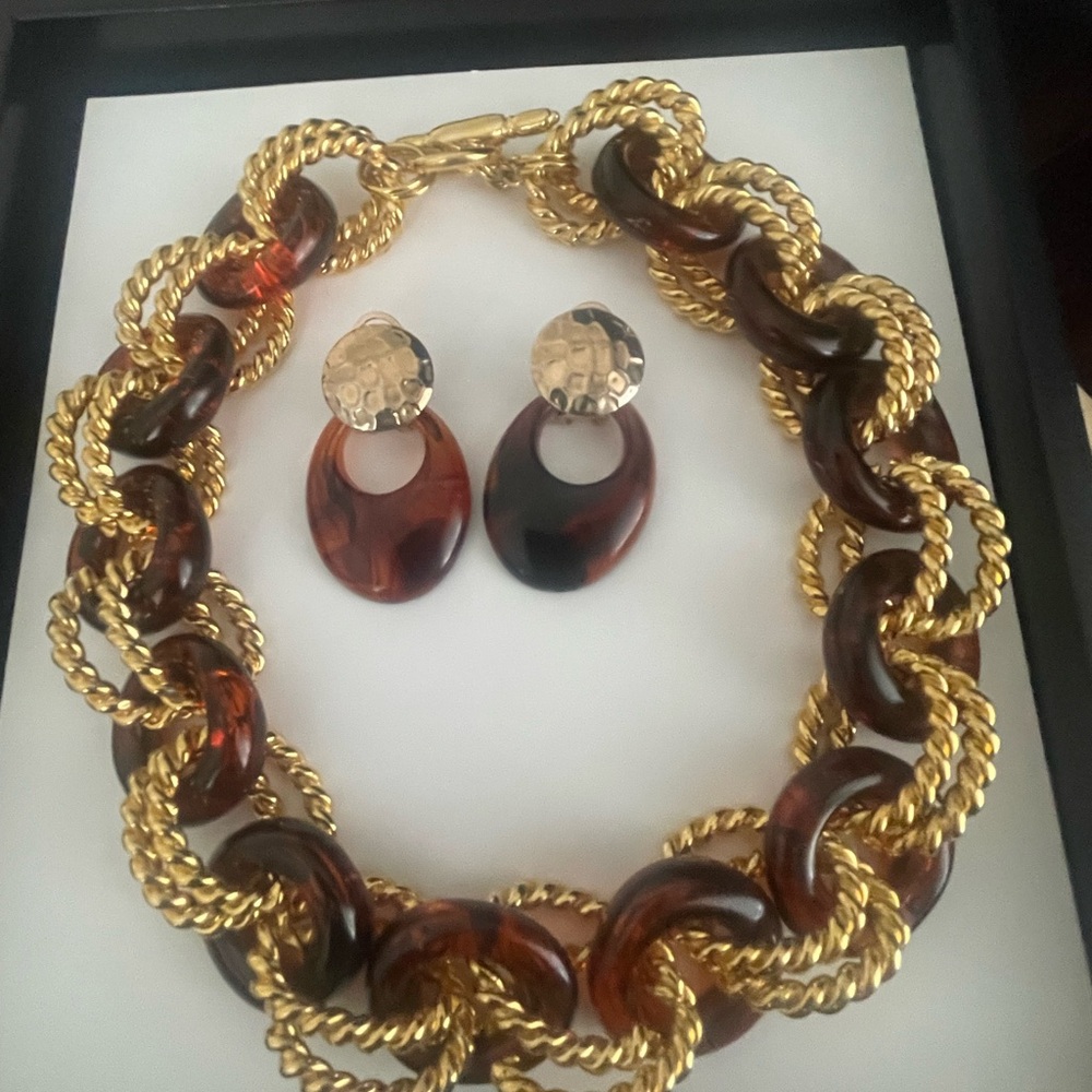 Kenneth Jay Lane Gold and Brown Chain Necklace Set